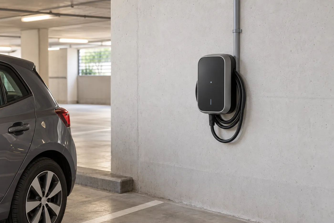 Borne de recharge individuelle installée sur une place de parking en sous-sol de copropriété